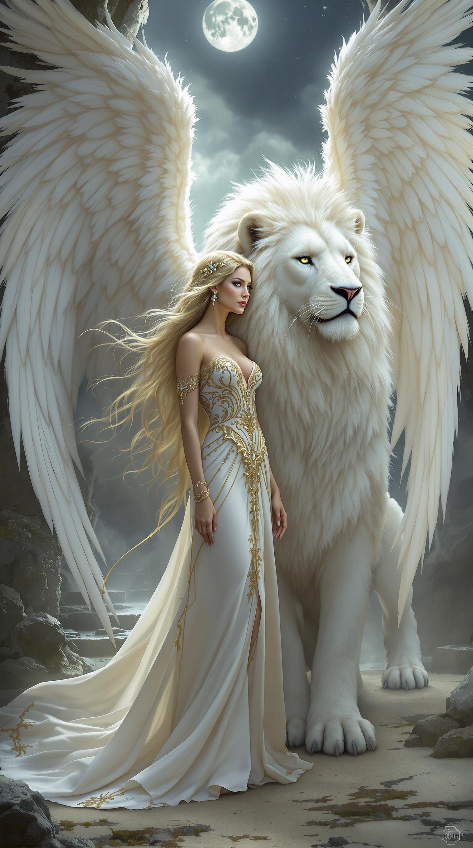 Woman and Winged Lion in Fantasy Landscape