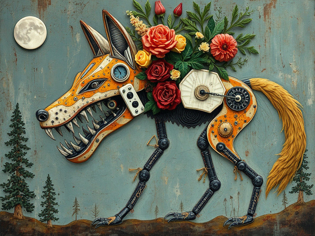 Surreal Robot Wolf with Impasto Texture