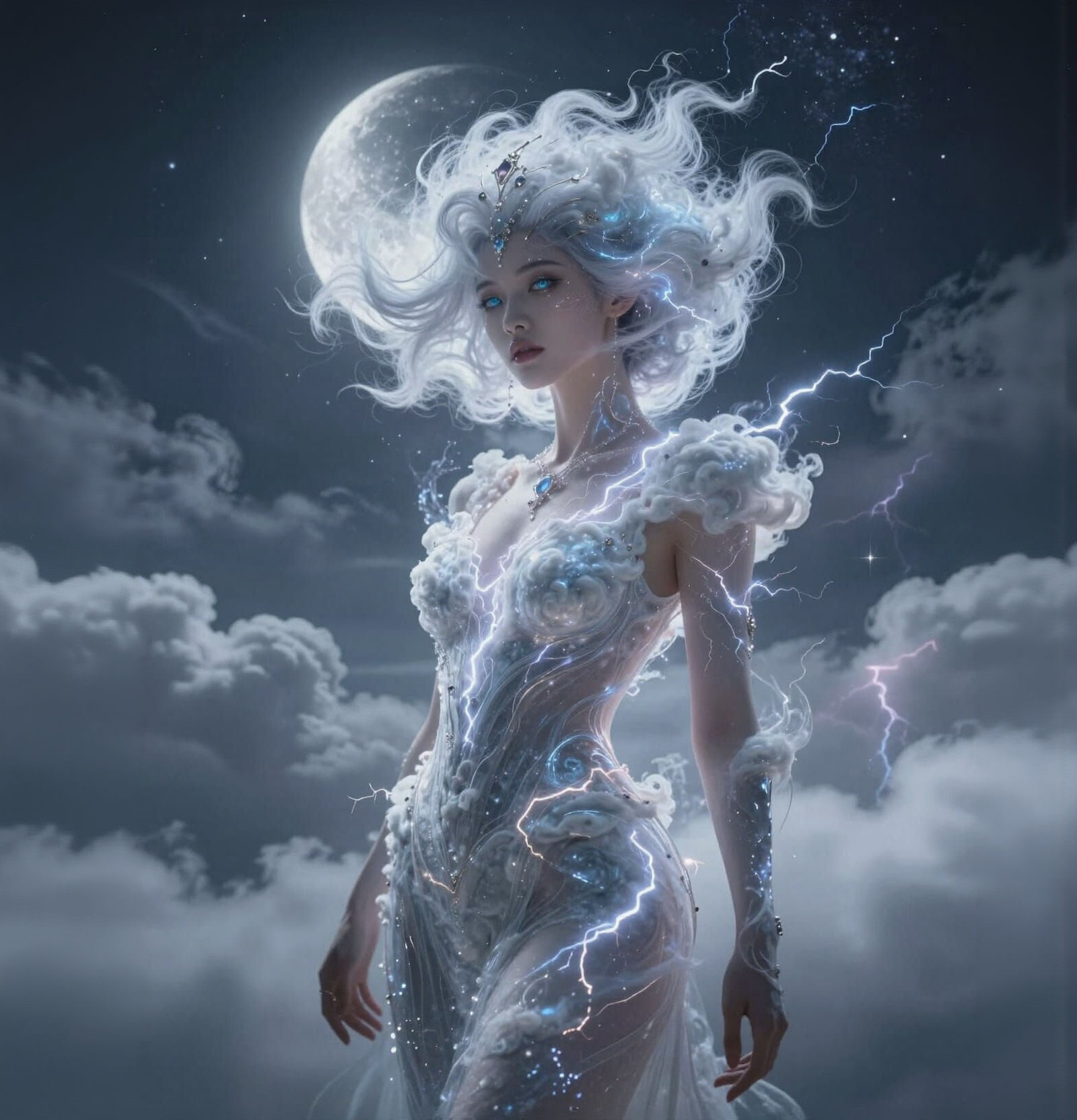 Sentient Cloud Woman in Avant-Garde Attire