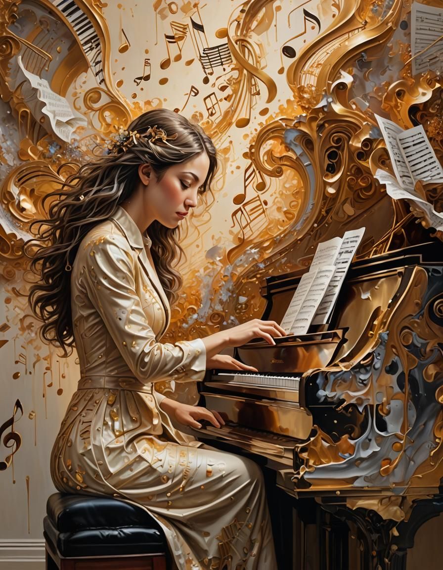 Pianist Formed by Splashed Paint: Hyperrealistic Oil Paintin...