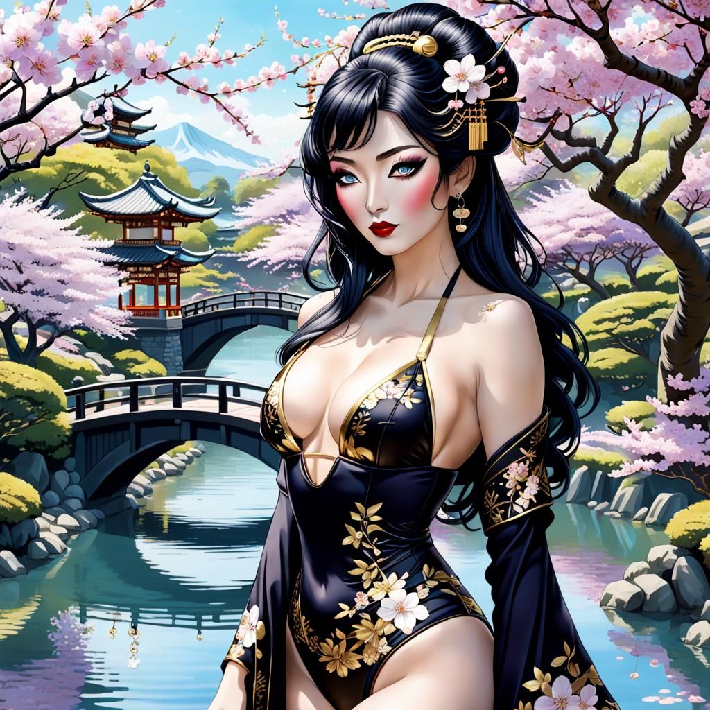 Geisha in Cherry Garden: Hyperrealistic Fantasy Art