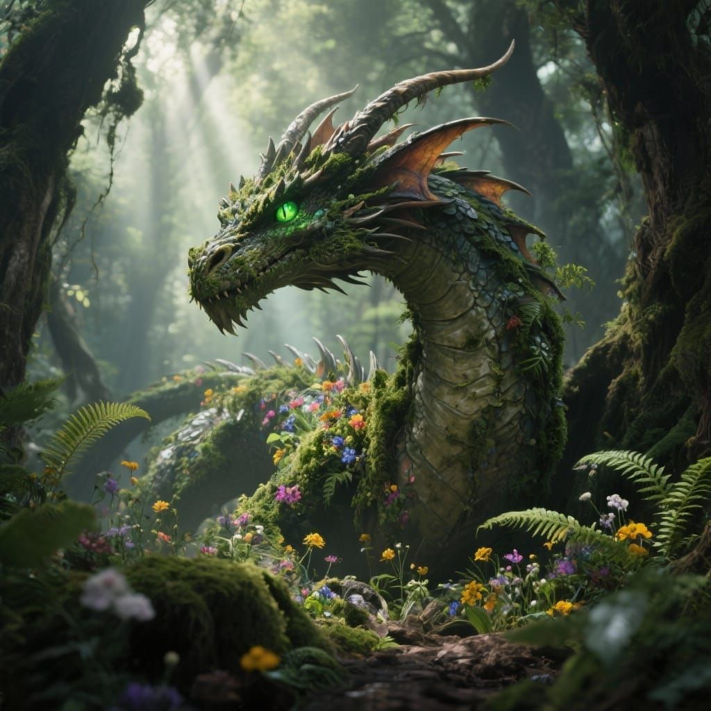 Mossy Dragon Emerges from Ancient Forest