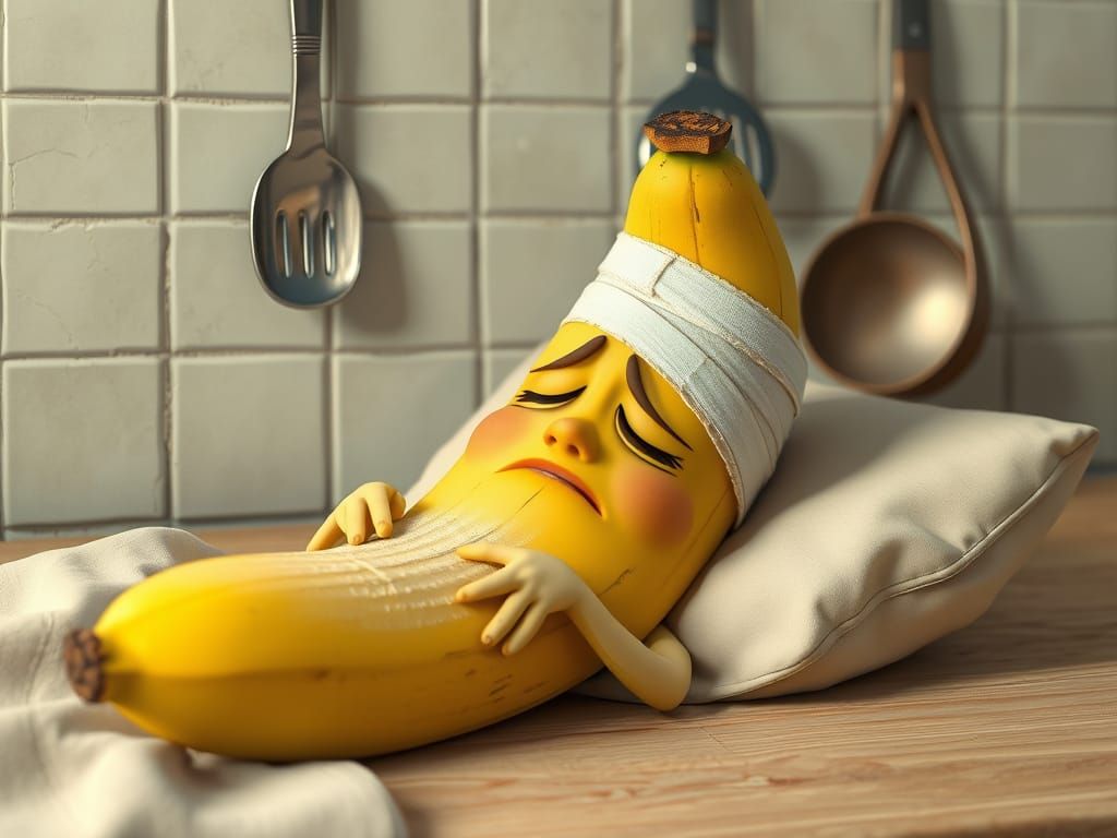 Sick Banana Rests in Bed, Exuding Cuteness Amidst Distress