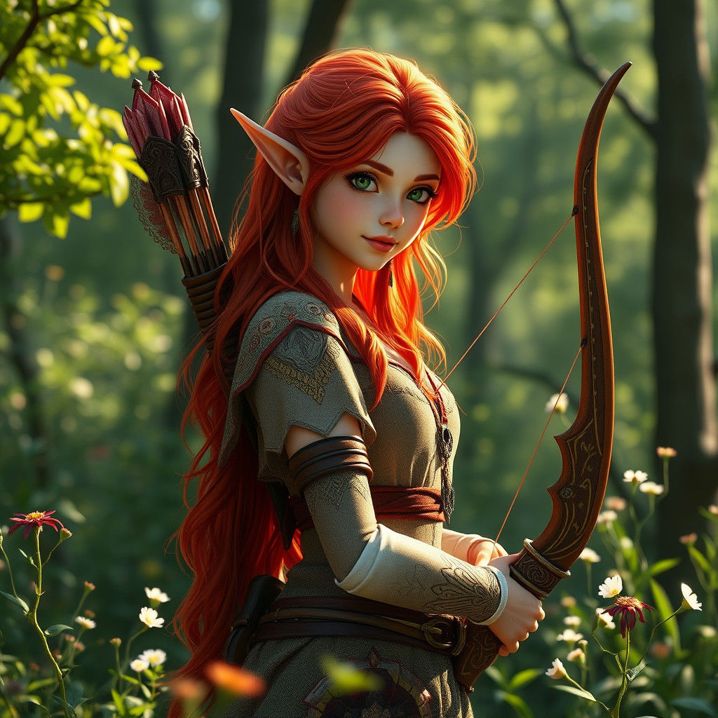 Red-Haired Elf Maiden in Sun-Dappled Forest