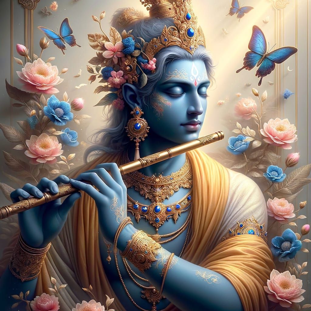 Lord Krishna Plays Flute in Ethereal Digital Painting