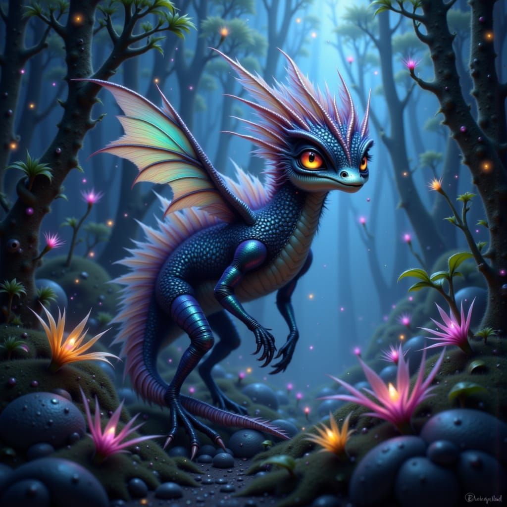 Fantastical Creature in Bioluminescent Forest