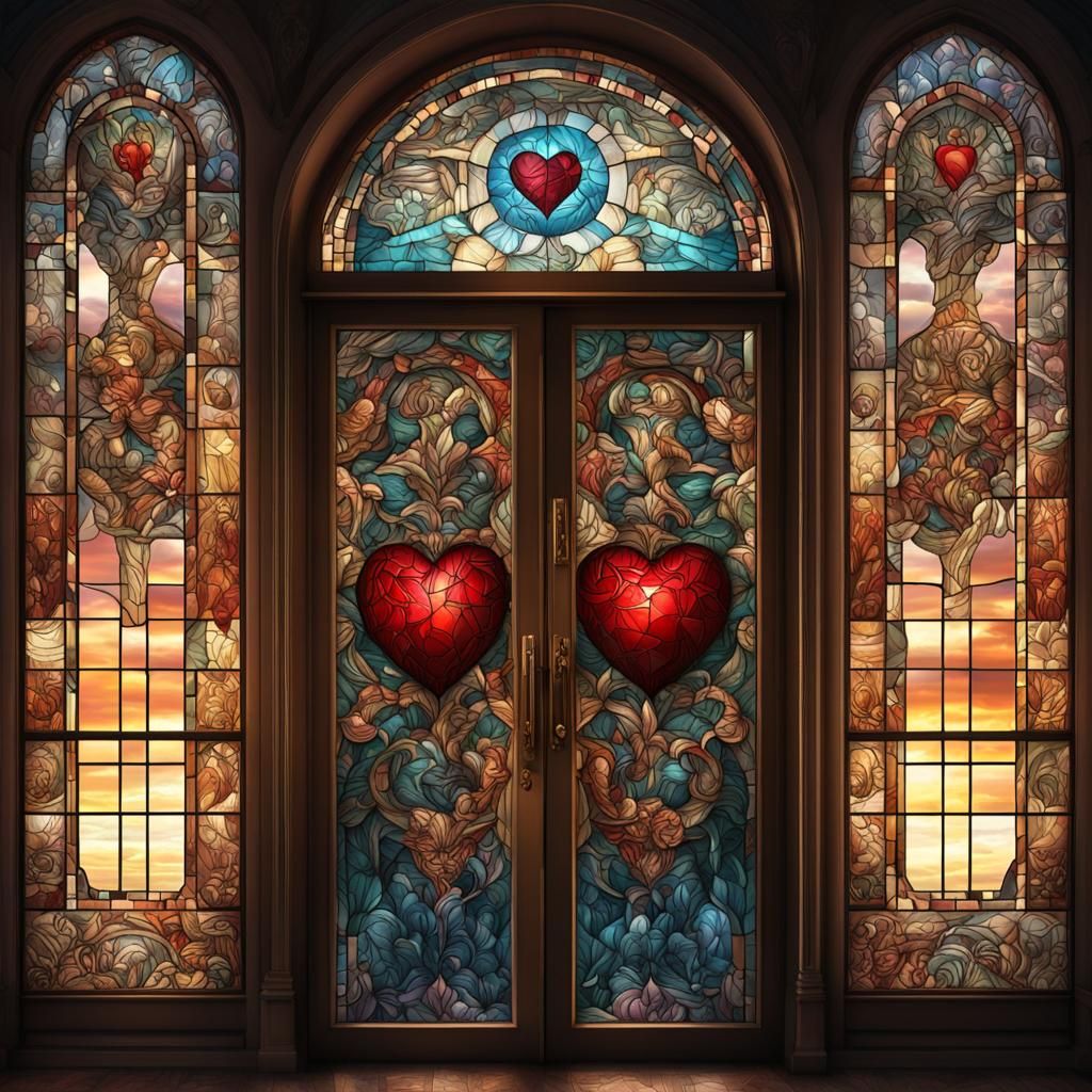 Heart-Themed Stained-Glass Doorway in Digital Painting Style