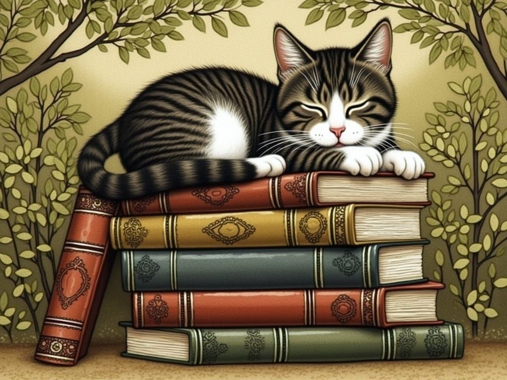 Whimsical Cat Naps Amidst Ancient Tomes in a Vibrant Tree Wo...