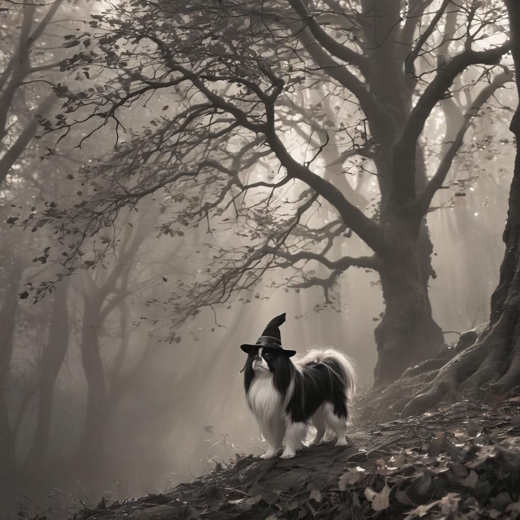 Whimsical Witch Dog in Autumn Forest