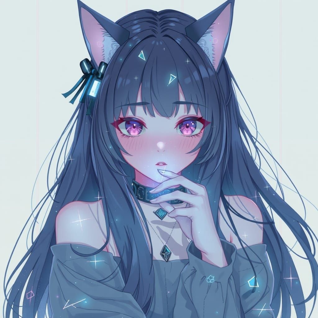 Ghostly Anime Catgirl in Indigo Glitch Art Style
