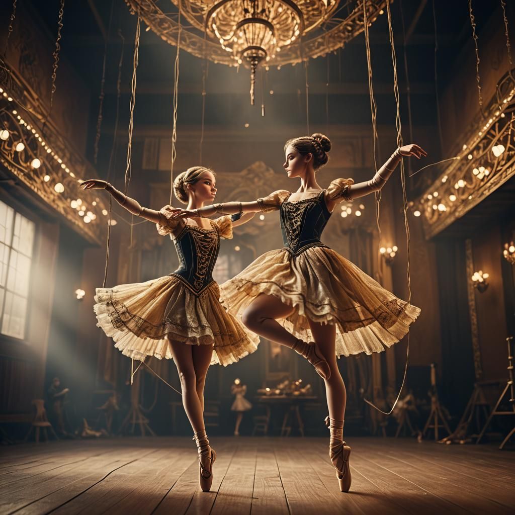 Ballerina Marionette on Stage in Dramatic Lighting