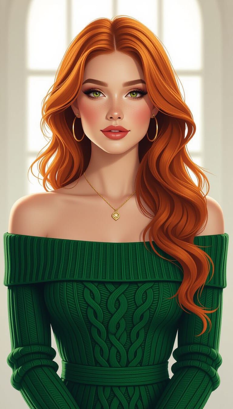 Ginger Woman in Emerald Sweaterdress with Dynamic Lighting