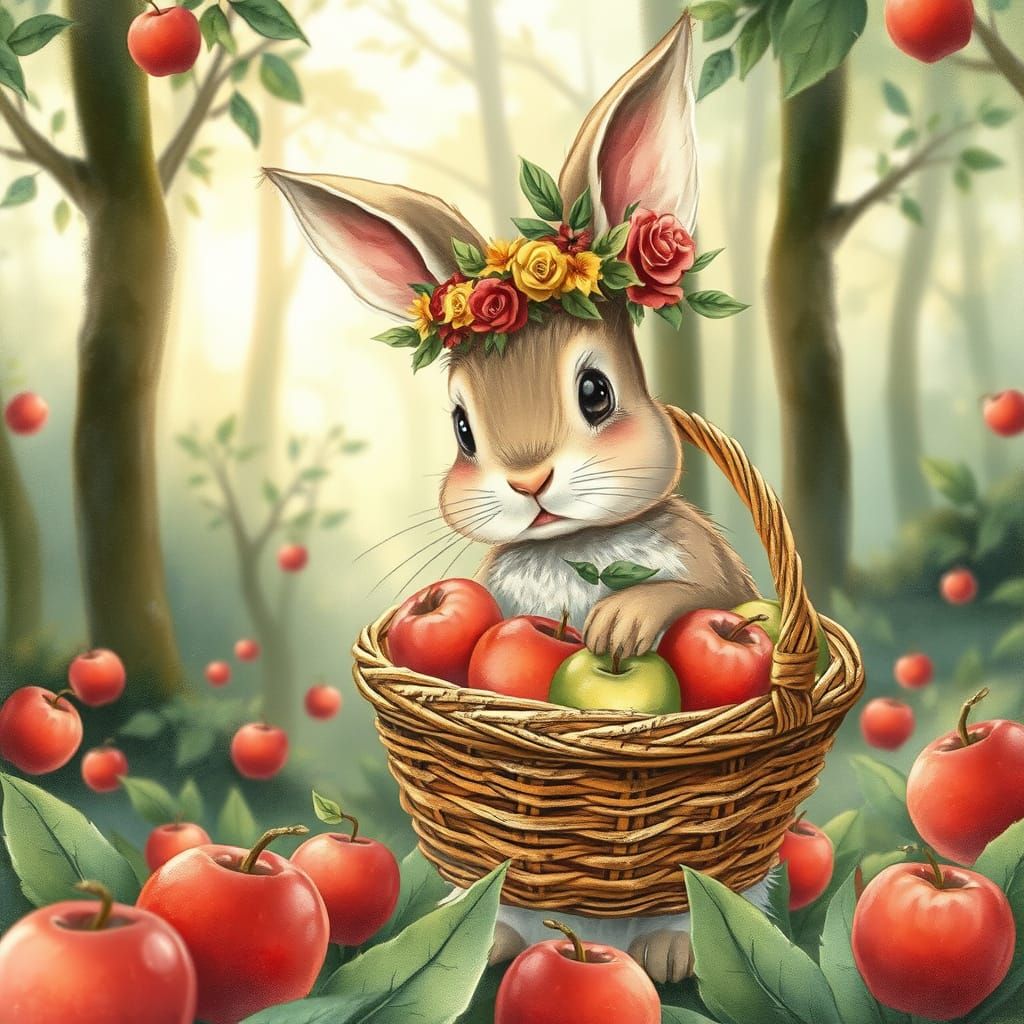 Whimsical Easter Bunny in a Floral Crown, Holding Apples in ...