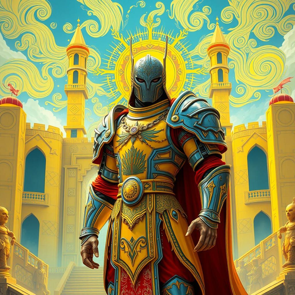 Cyberpunk Warrior Stands Tall in Vibrant Space Castle