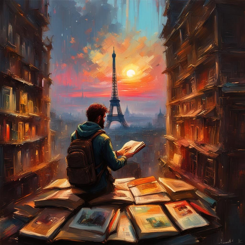 Paris Sunset Inside Book, Detailed Matte Painting