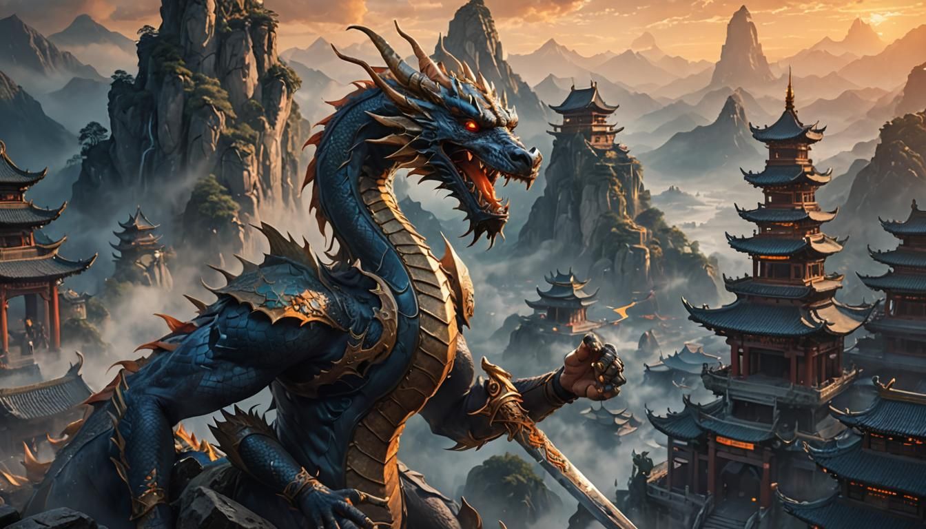 Dragon Claw Grasps Sword in Misty Landscape