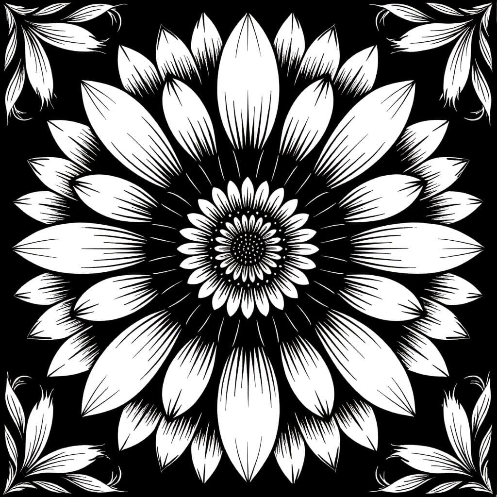 Bold Black and White Daisy Mandala with Symmetrical Floral D...