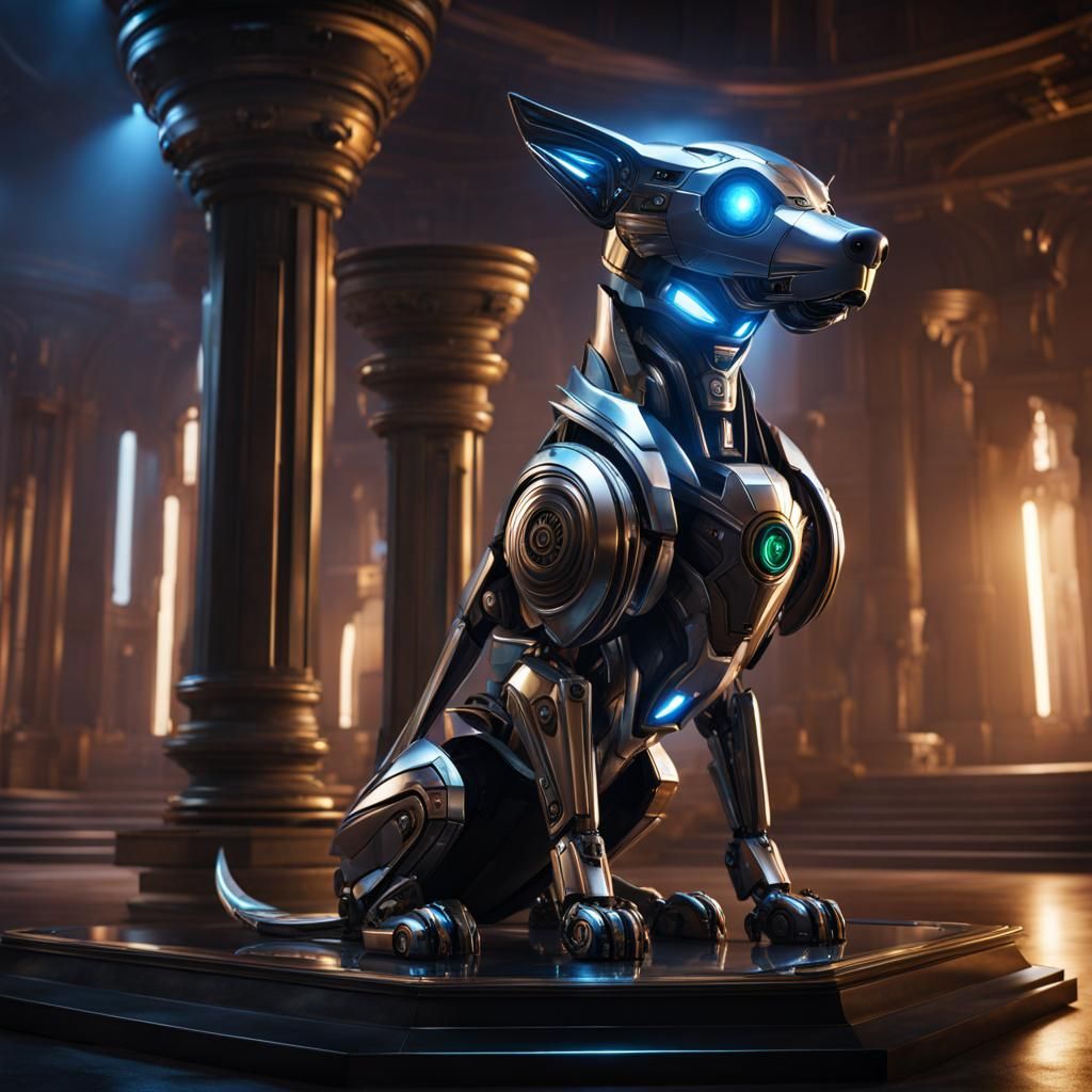 Alien Robot Dog on Pedestal, Detailed Matte Painting