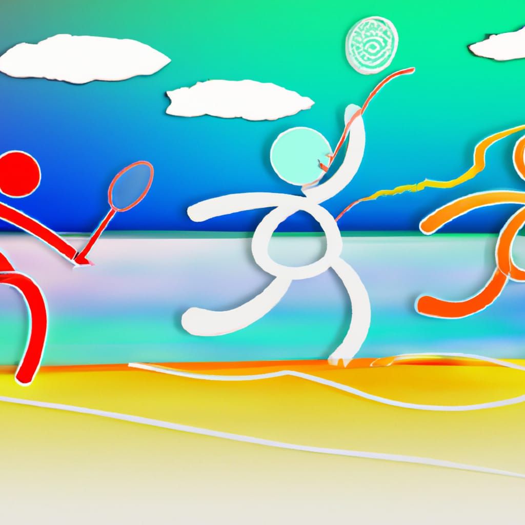 Stick Figures Play Beach Volleyball: Colorful Digital Art