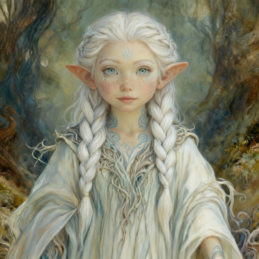 Halfling Druid with White Hair and Blue Tattoos
