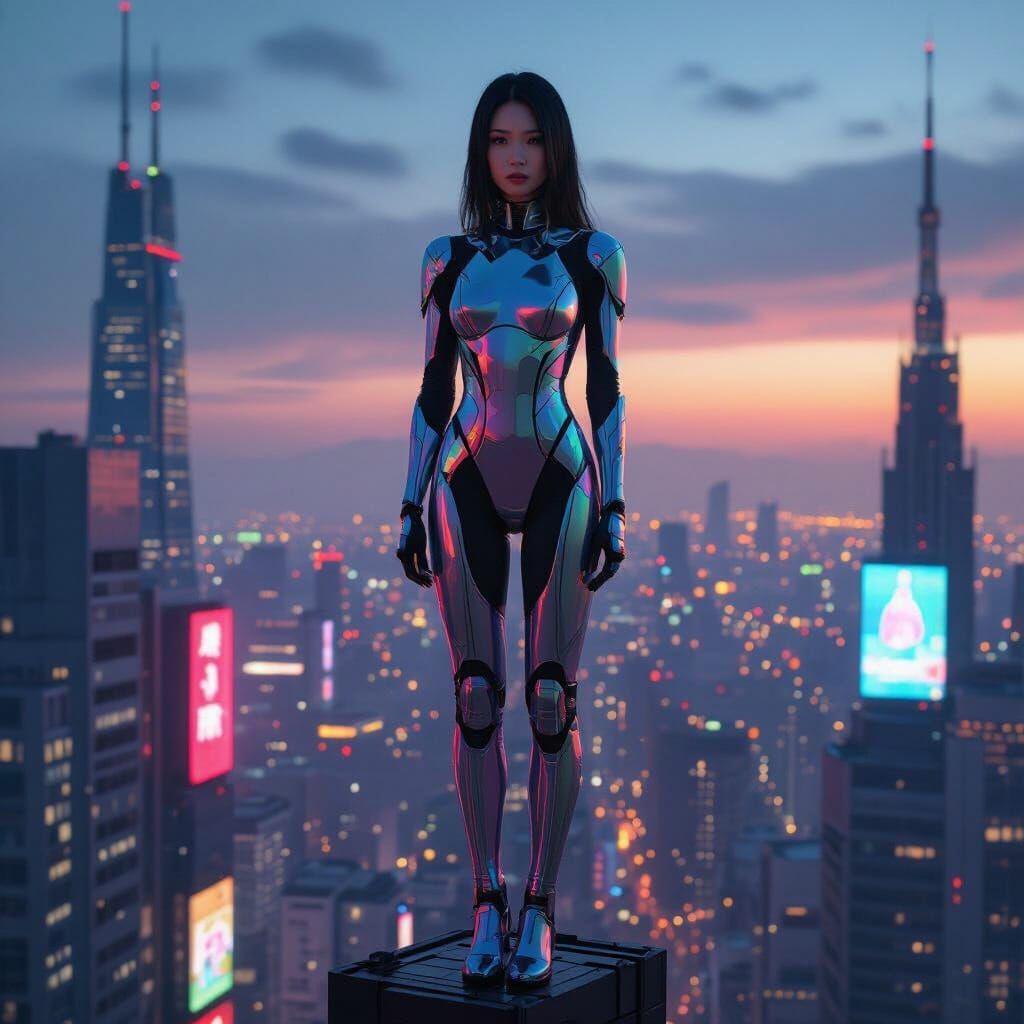 Cyberpunk Woman on Skyscraper at Dusk
