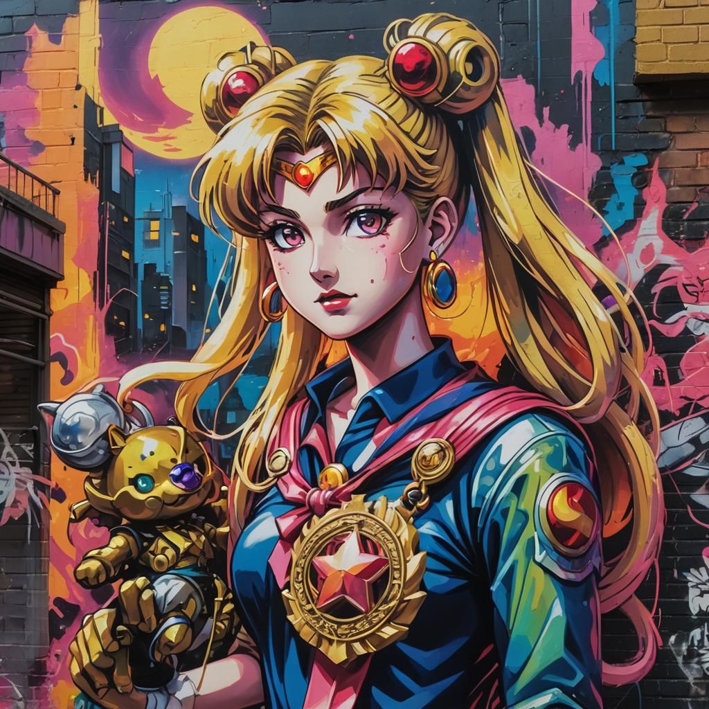 Sailor Moon and Goblin in Street Art Style
