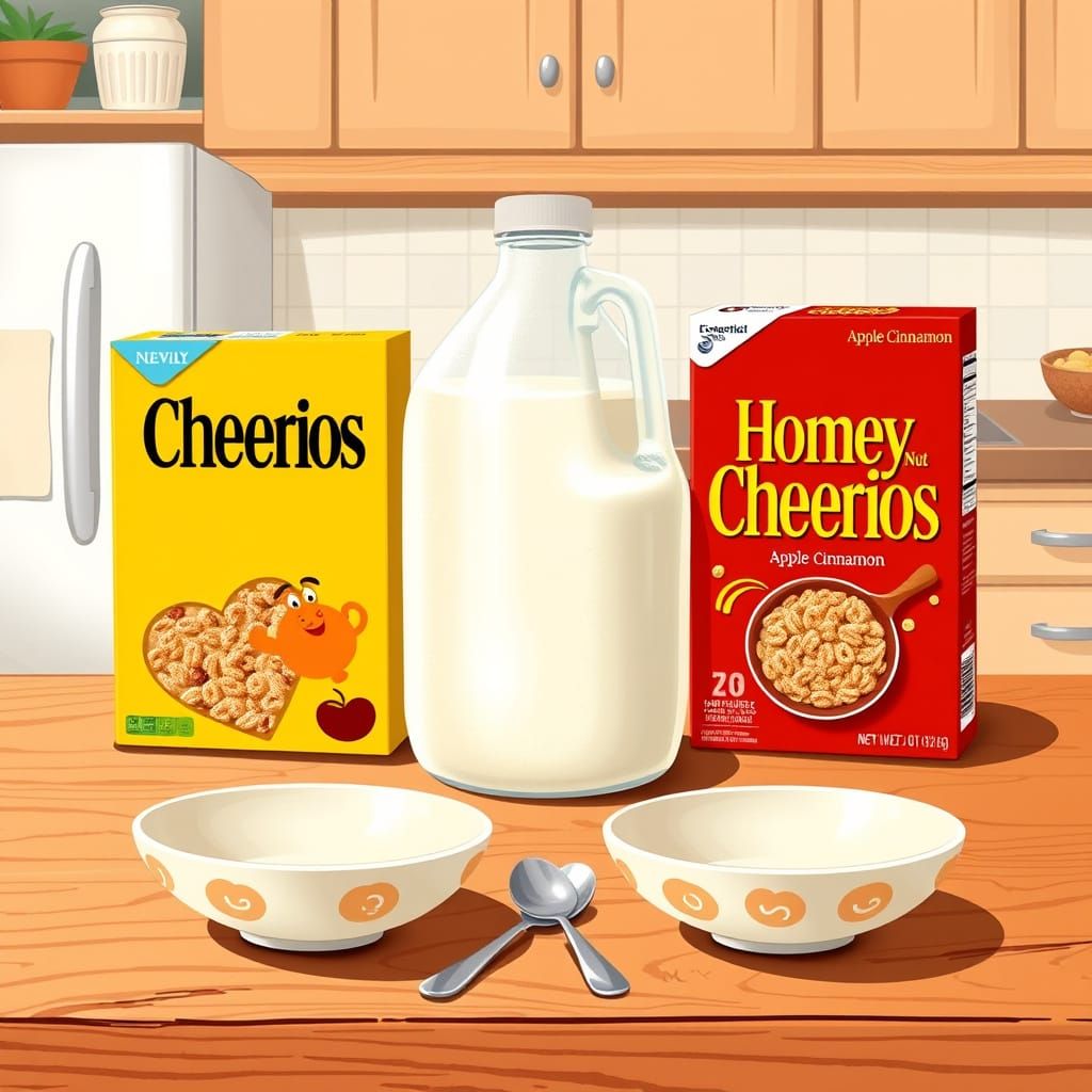 Whimsical Breakfast Scene with Cheerios Boxes and Milk
