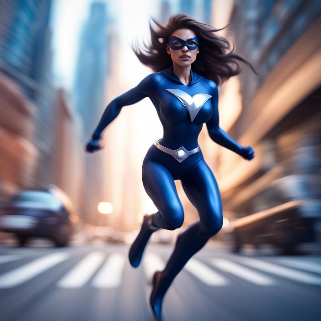 Superheroine Velocity Speeds Through City: 3D Digital Art