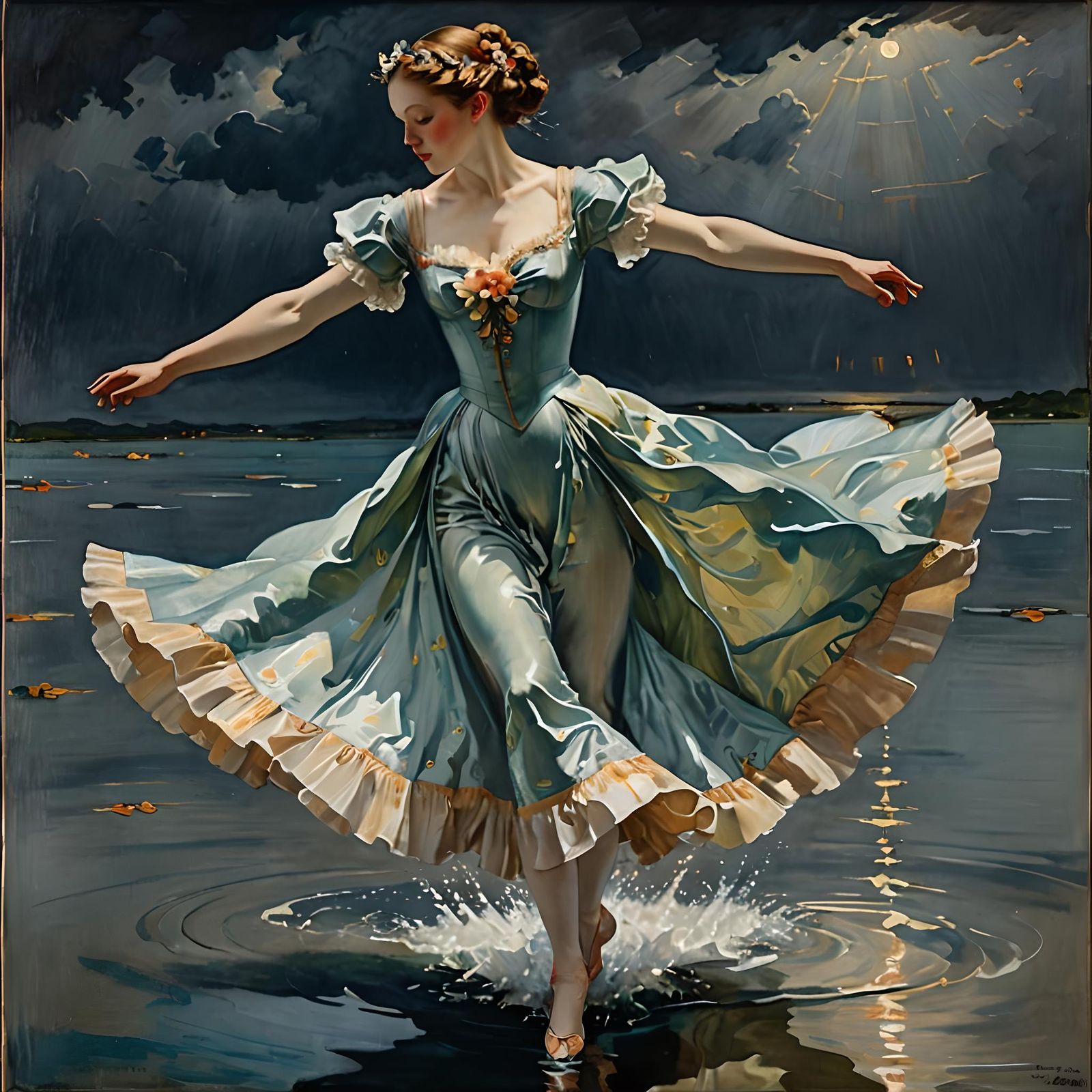 Gracious Dancer Walking on Water in Art Nouveau Style