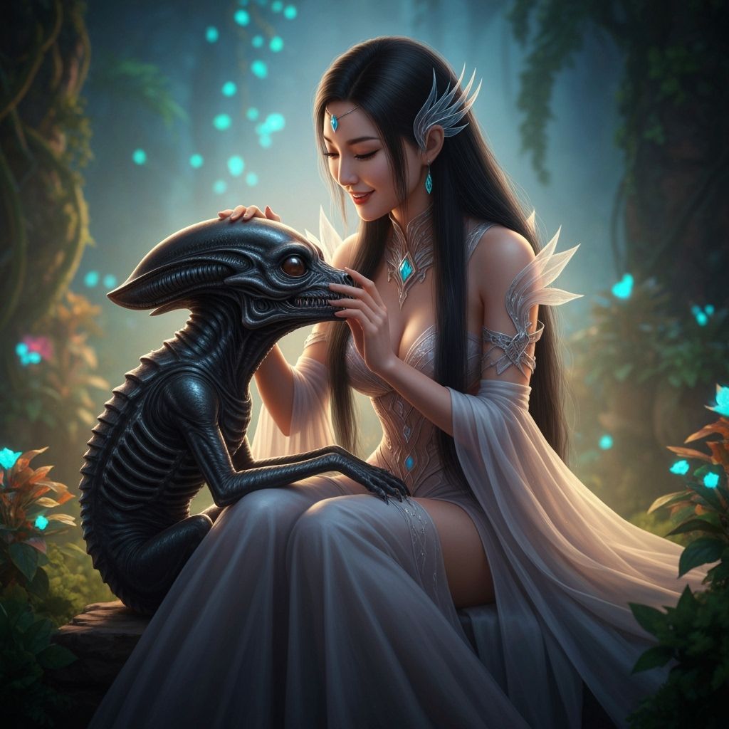 Woman Petting Xenomorph-like Creature in Mystical Setting