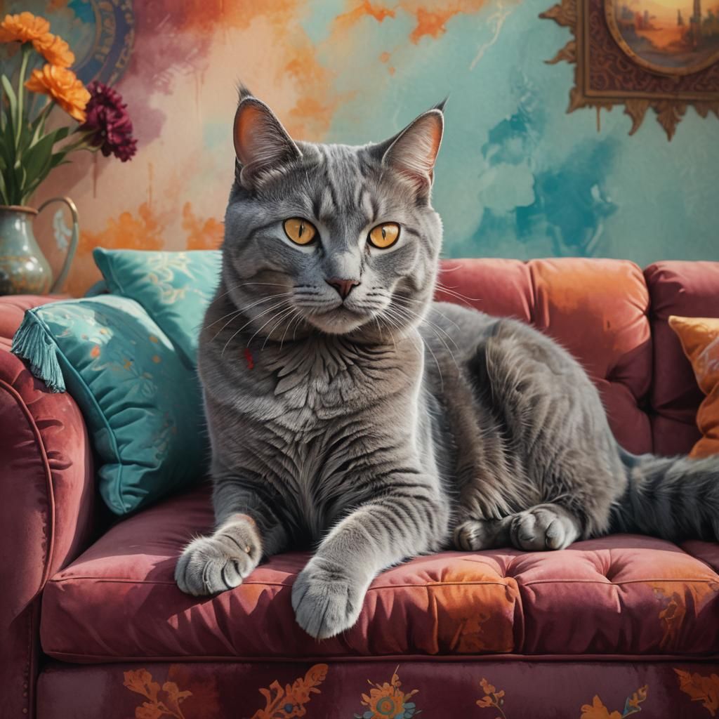 A beautiful grey
 cat laying on a maroon colored couch. The ...