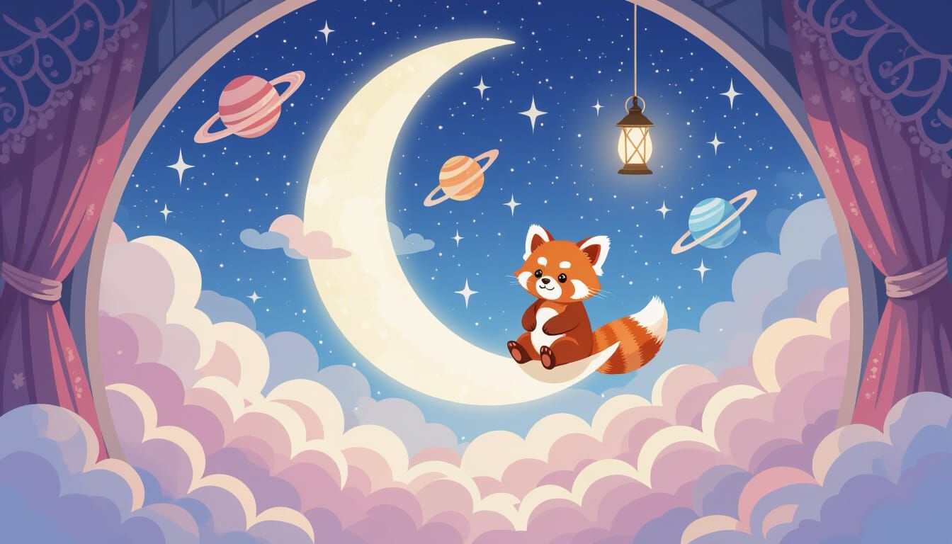 Surreal Red Panda in Starry Bedroom