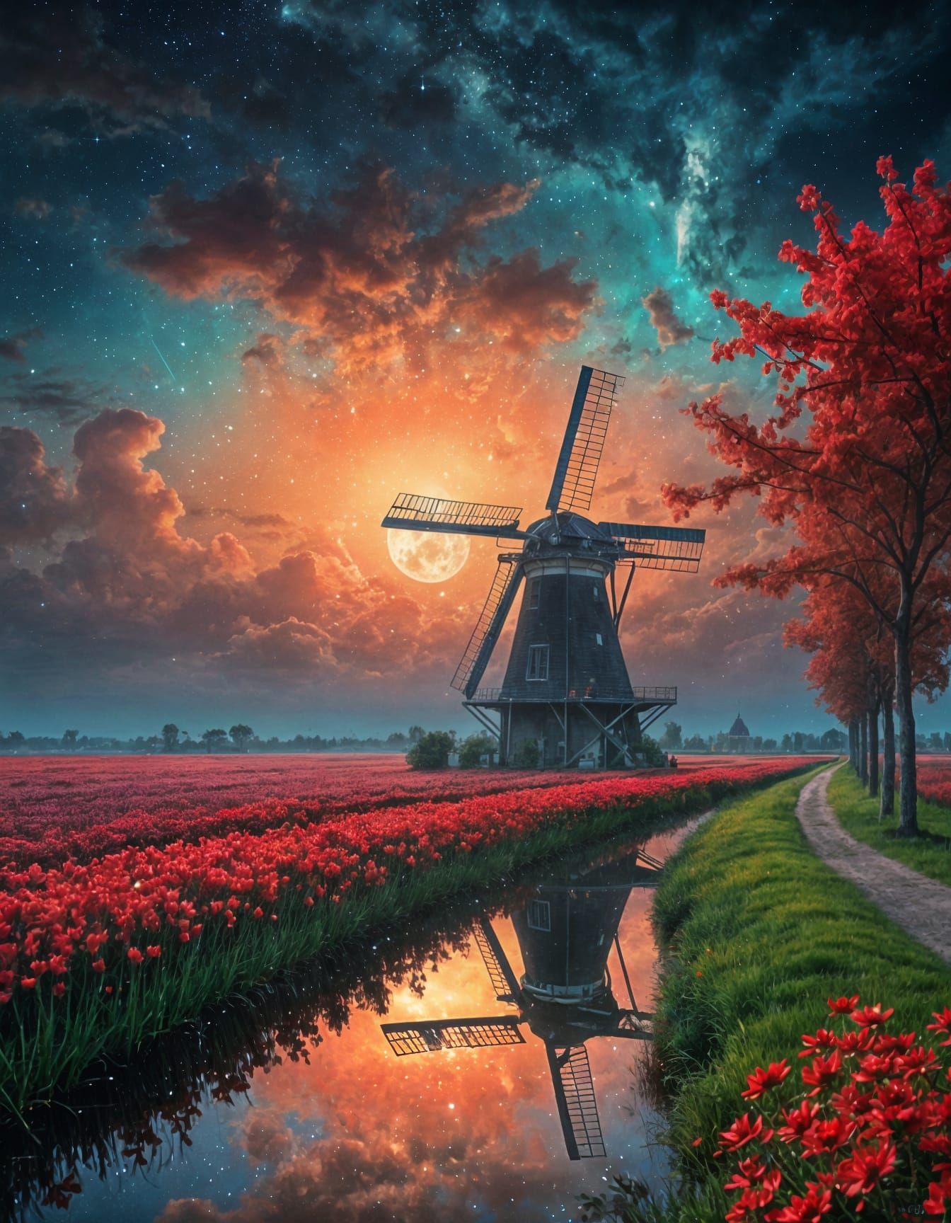 Surreal Windmill Among Red Flowers in Dreamlike Oil Painting