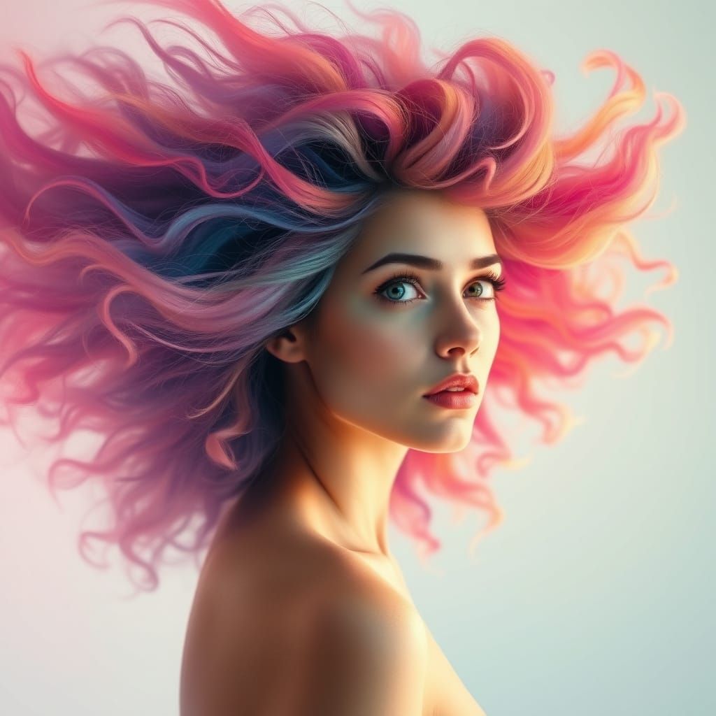 A surreal portrait of a woman whose hair transforms into a f...