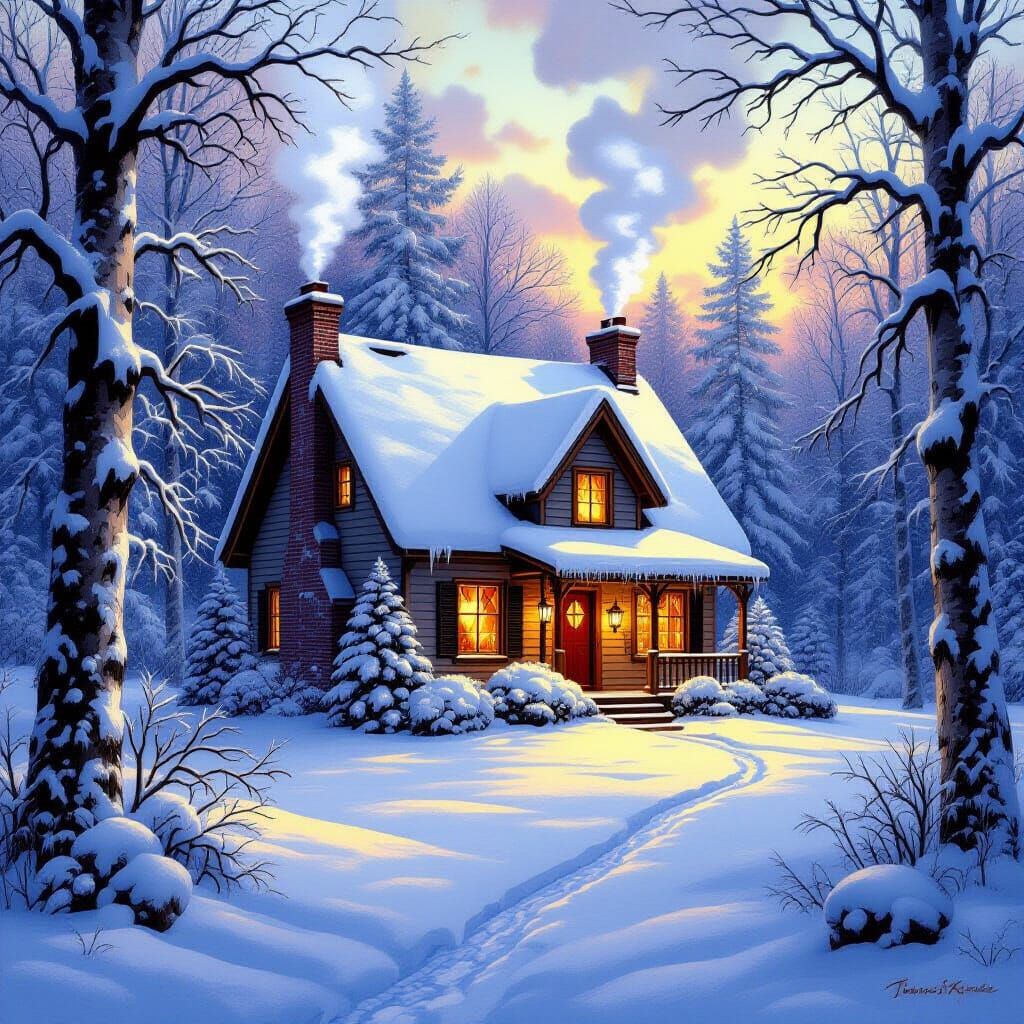 Cozy Winter Cottage in Snowy Forest, Hyperrealistic Style