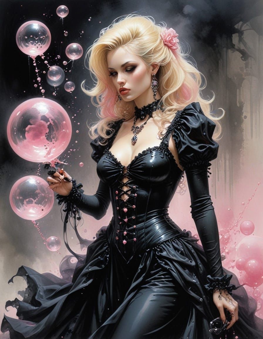 Ethereal Goth Girl in a Whimsical Pink Bubblegum World