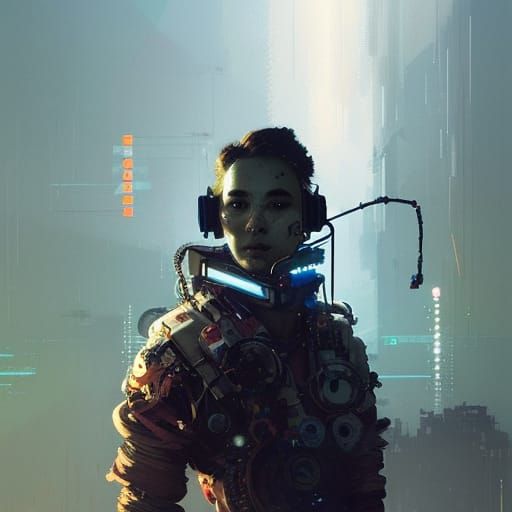 Cyberpunk Radio Operator with Japanese Ornaments