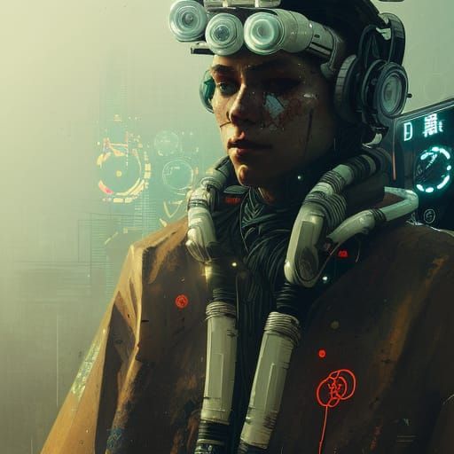 Cyberpunk Horizon: Radio Operator with Japanese Ornaments