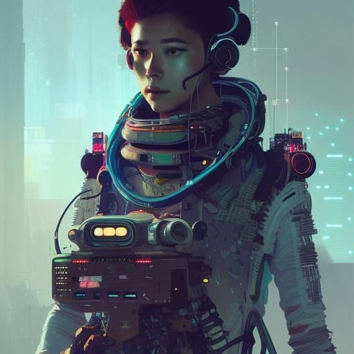 Cyberpunk Horizon: Radio Operator with Japanese Ornaments