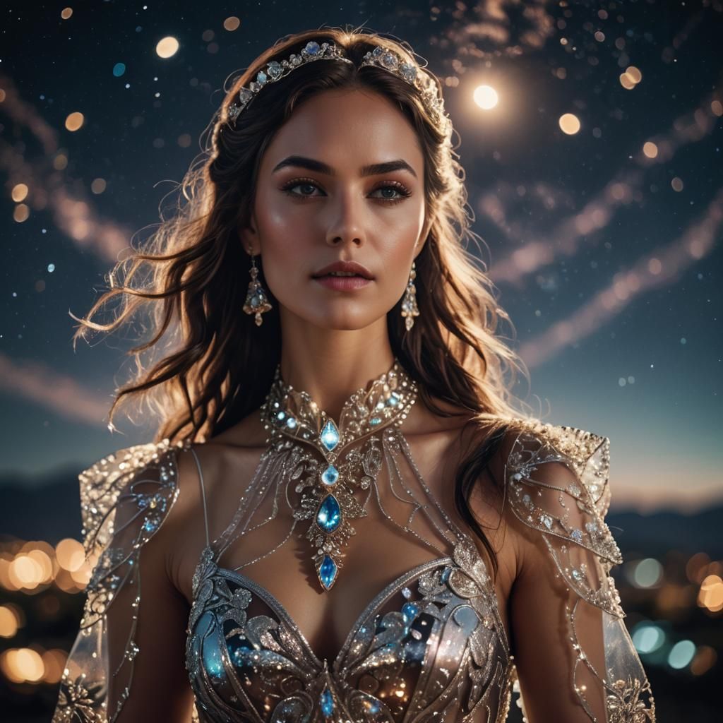 Woman in Glass Dress Under Night Sky