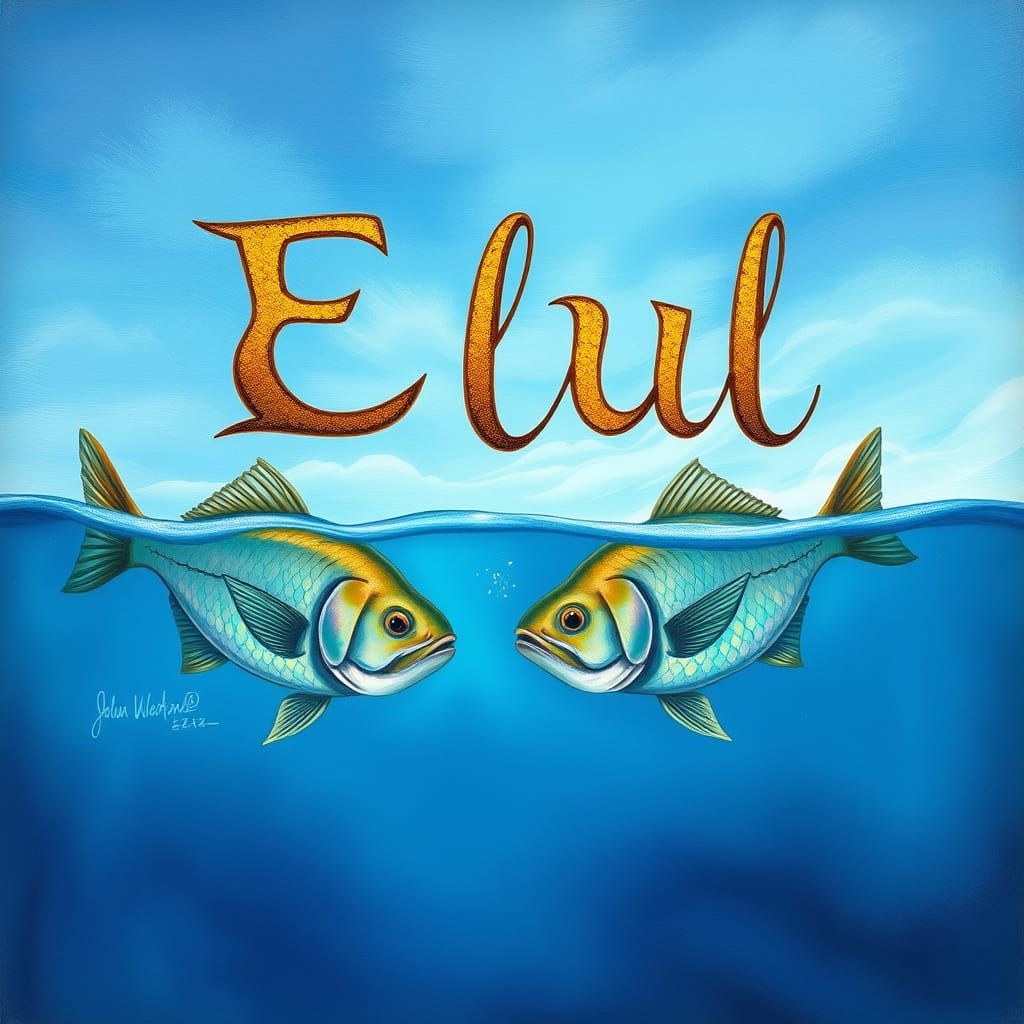 Iridescent Fish Swim in Dreamy Sea with Calligraphy Sky