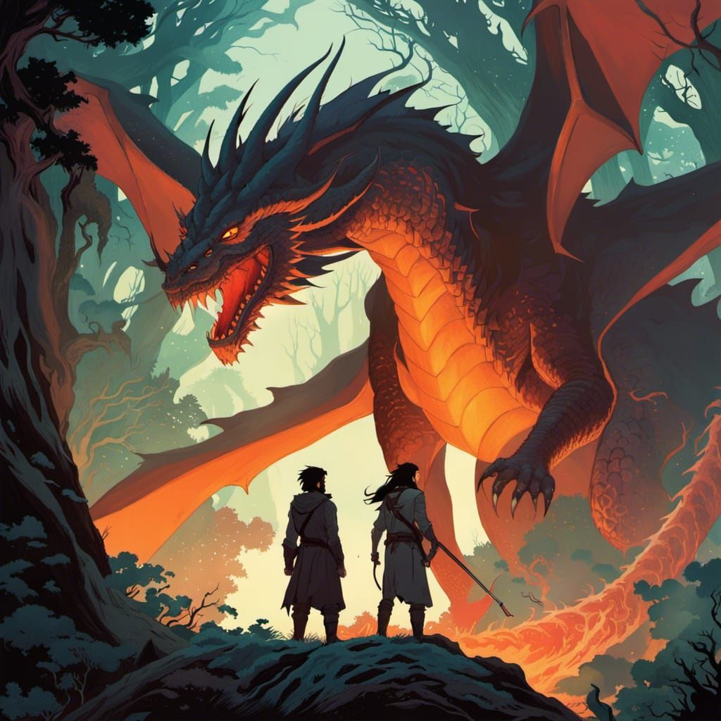 Dragon and Adventurer in Enchanted Forest