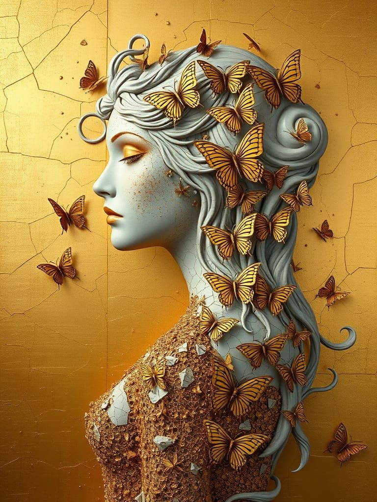 Golden Woman Sculpture with Kintsugi Repair