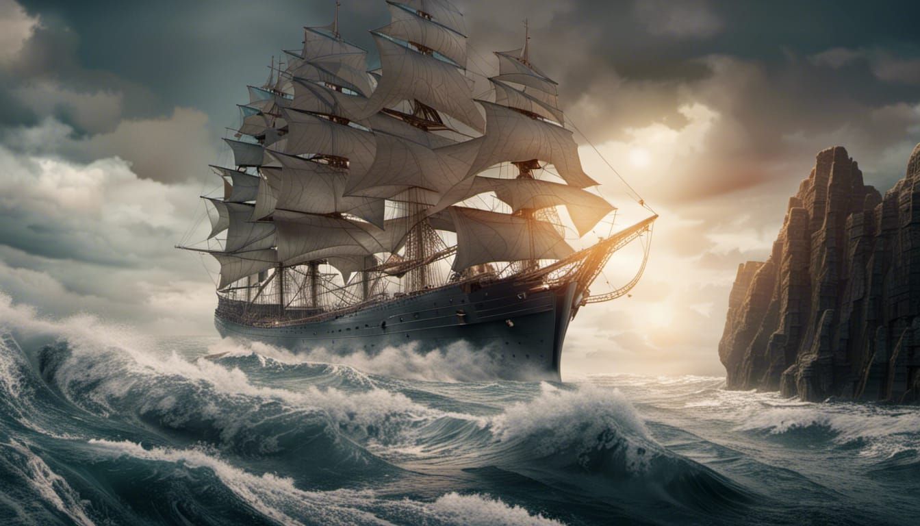 Sailing Ship Fights a Stormy Ocean: Cinematic 8k
