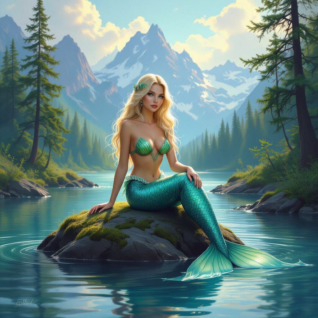 Mermaid on River Rock Surrounded by Pines and Mountains