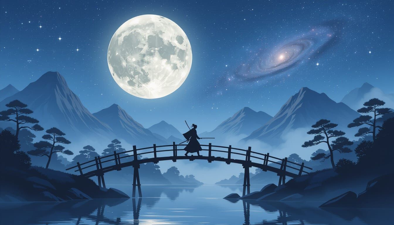 Japanese Warrior Crosses Misty Bridge Under Giant Moon