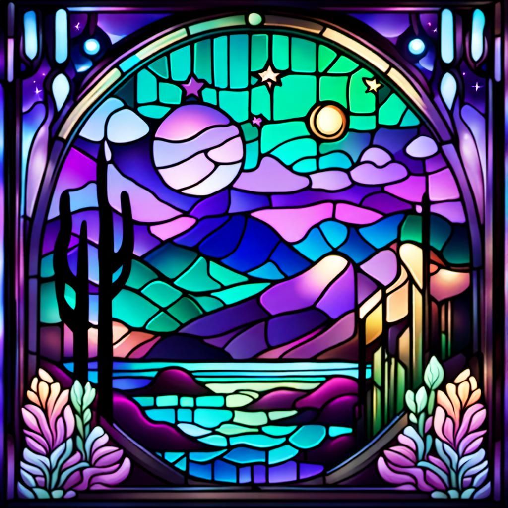 Stained Glass Cosmic Landscape with Neon Bioluminescence