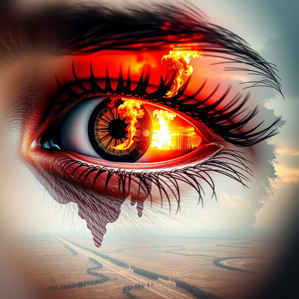 Eye Reflecting World's Destruction: Double Exposure Art