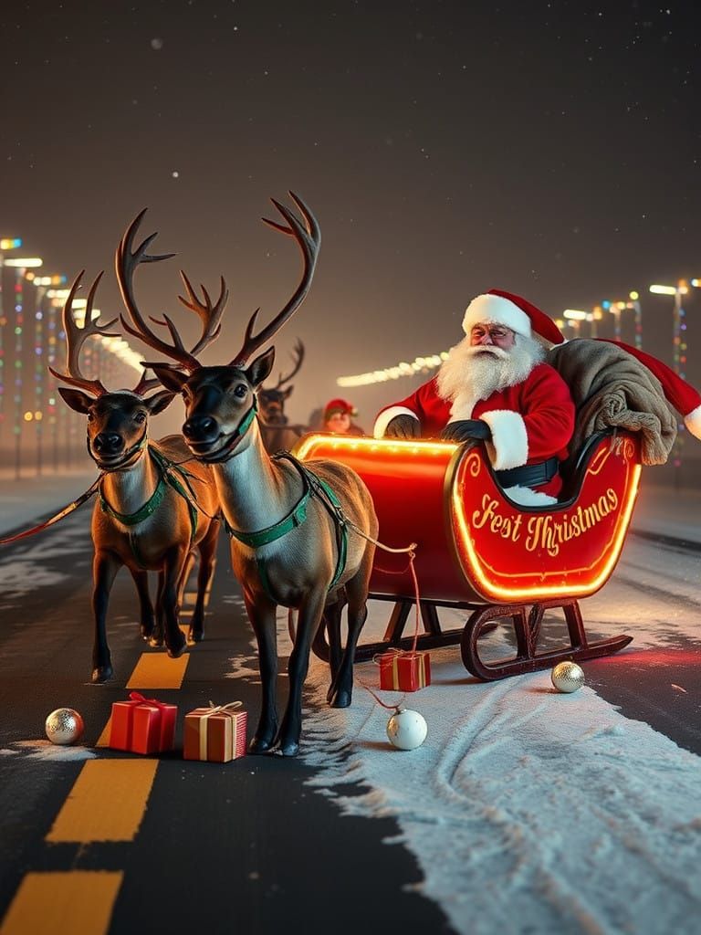 (Beautiful voluptuous petite Santa’s Elves on a runway strung with colorful lights on the sides trying to guide The Herd...