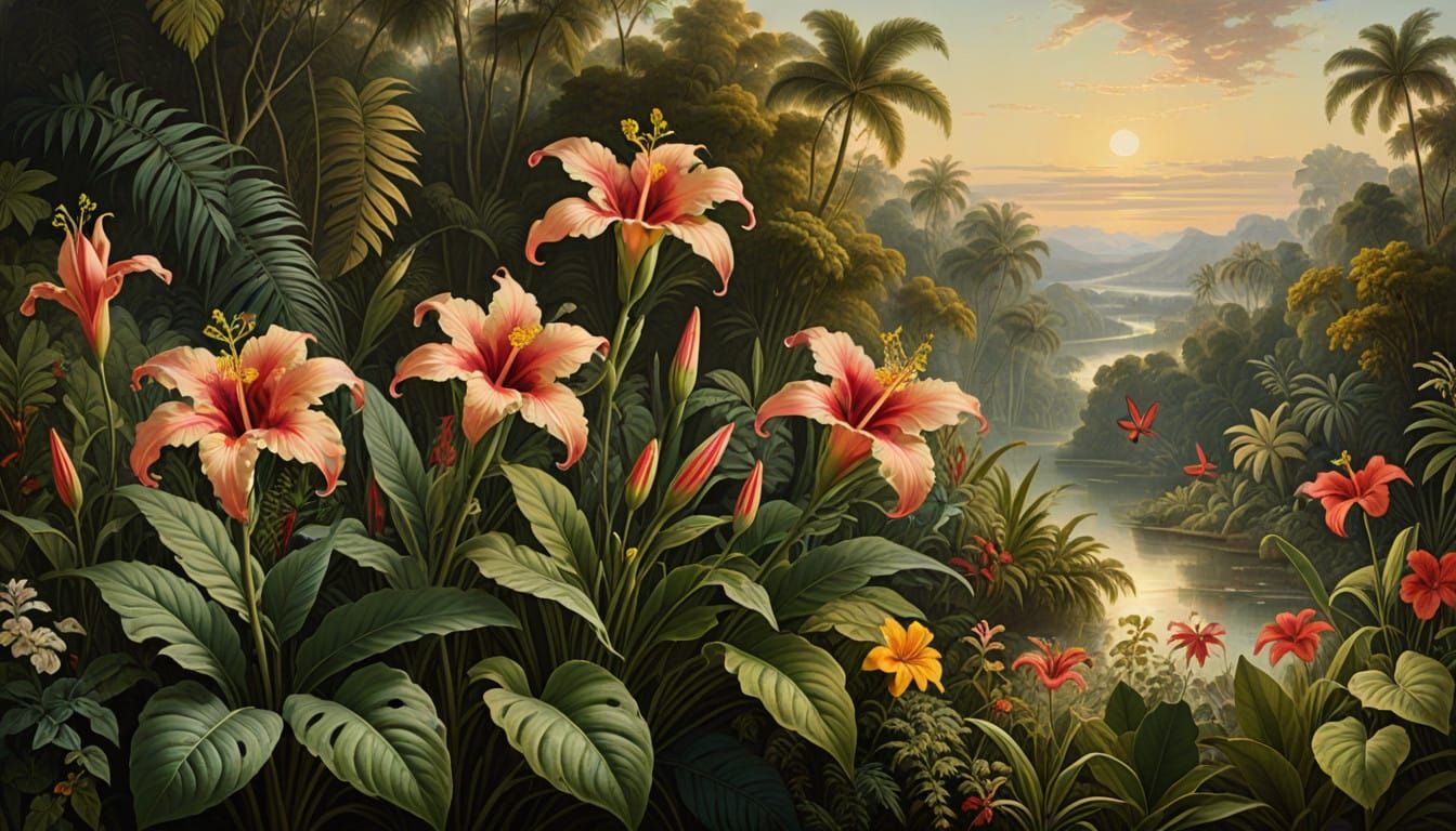 Lush Tropical Oasis in Soft, Romantic Light